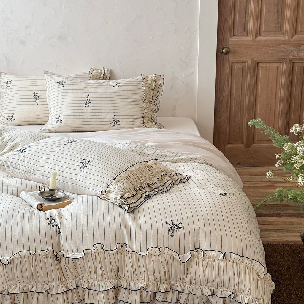 French Cottagecore Striped Cotton Bedding Set
