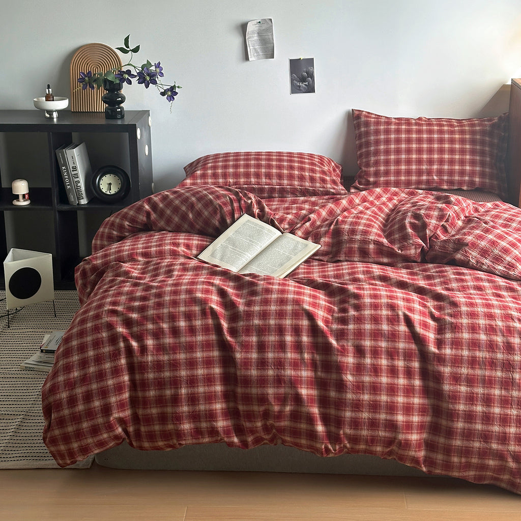 Vintage Red Plaid Washed Cotton Duvet Cover Set