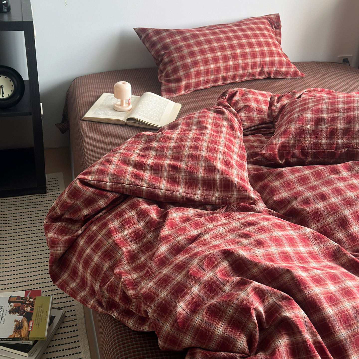 2026 New Retro 100% Washed Cotton Vintage Red Plaid Duvet Cover Set