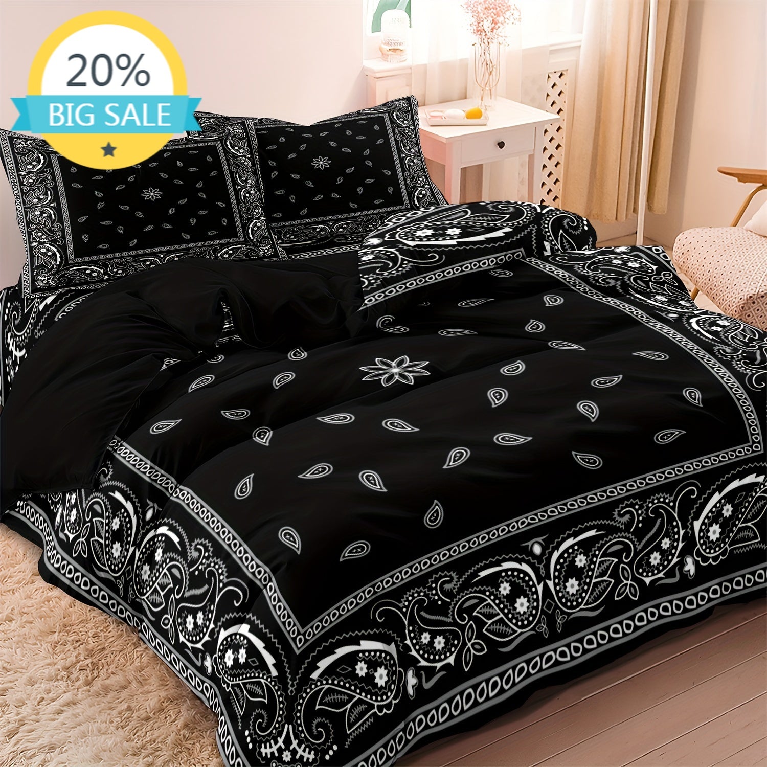 Black Paisley Mandala Boho Duvet Cover Set