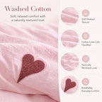 Soft Pink Heart Embroidery Washed Cotton Duvet Cover Set