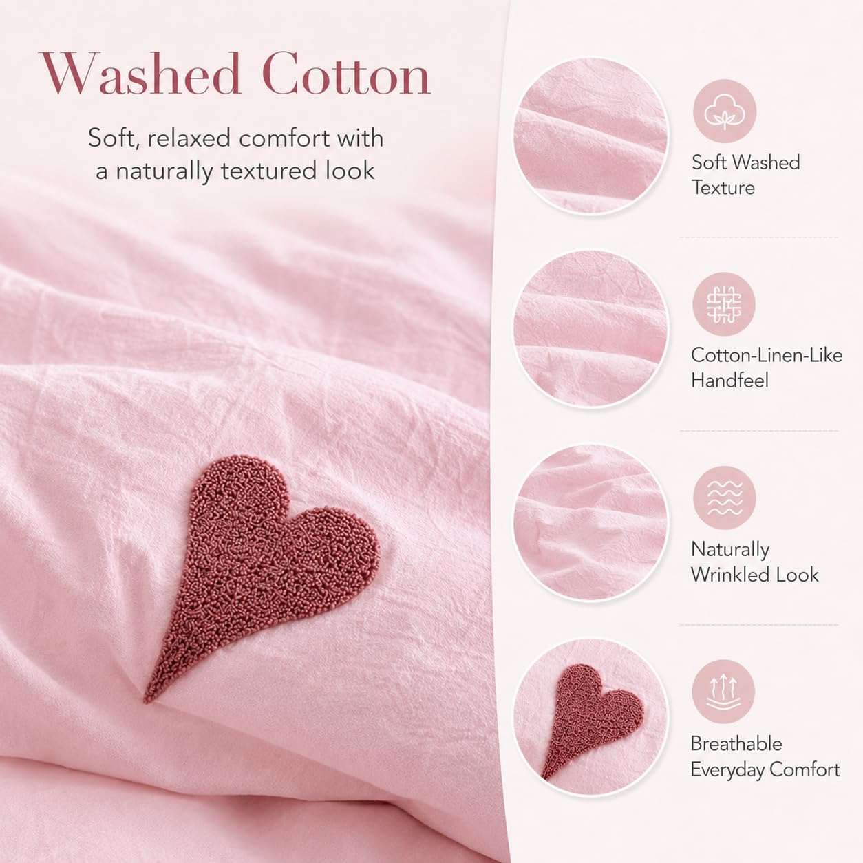Soft Pink Heart Embroidery Washed Cotton Duvet Cover Set