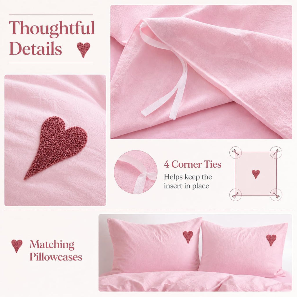 Soft Pink Heart Embroidery Washed Cotton Duvet Cover Set