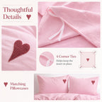 Soft Pink Heart Embroidery Washed Cotton Duvet Cover Set