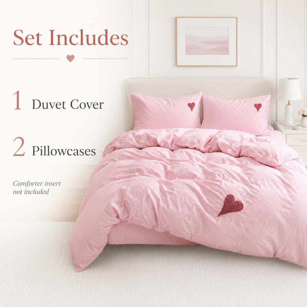 Soft Pink Heart Embroidery Washed Cotton Duvet Cover Set