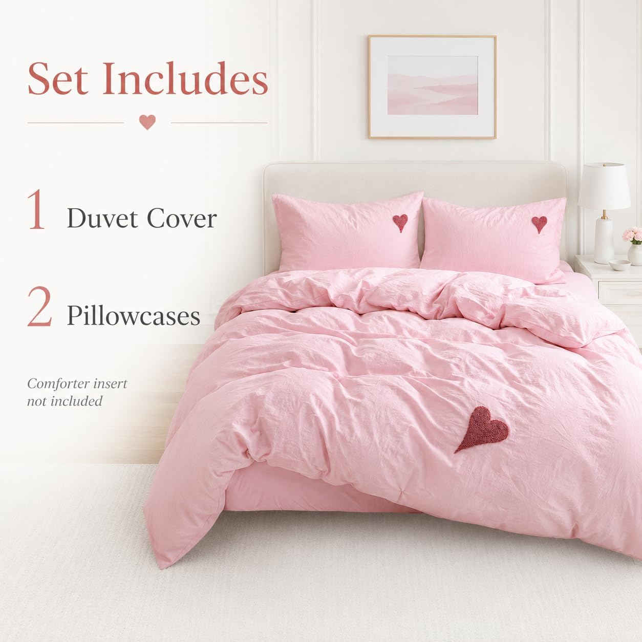 Soft Pink Heart Embroidery Washed Cotton Duvet Cover Set