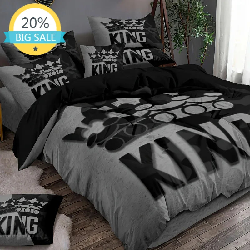 Grey & Black Pattern King Duvet Cover Set