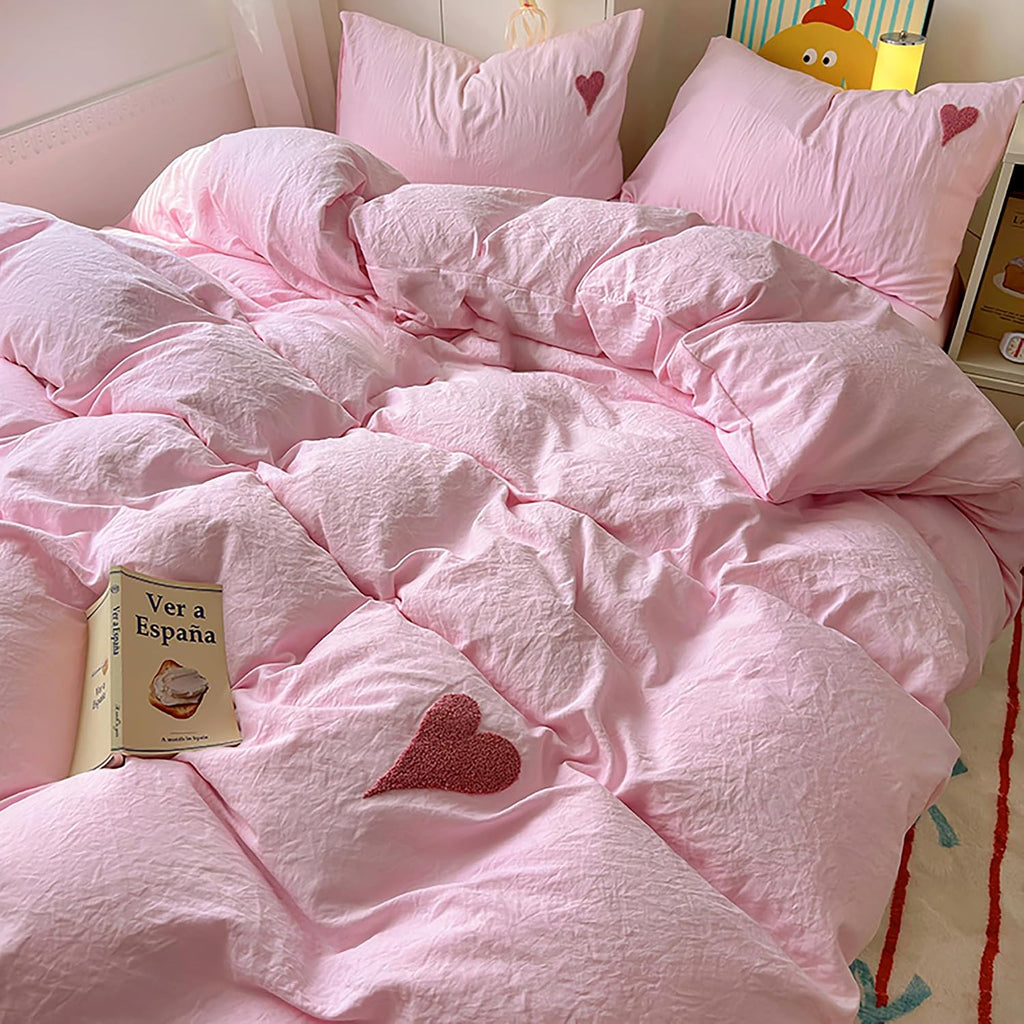 Soft Pink Heart Embroidery Washed Cotton Duvet Cover Set