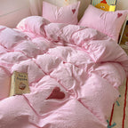 Soft Pink Heart Embroidery Washed Cotton Duvet Cover Set