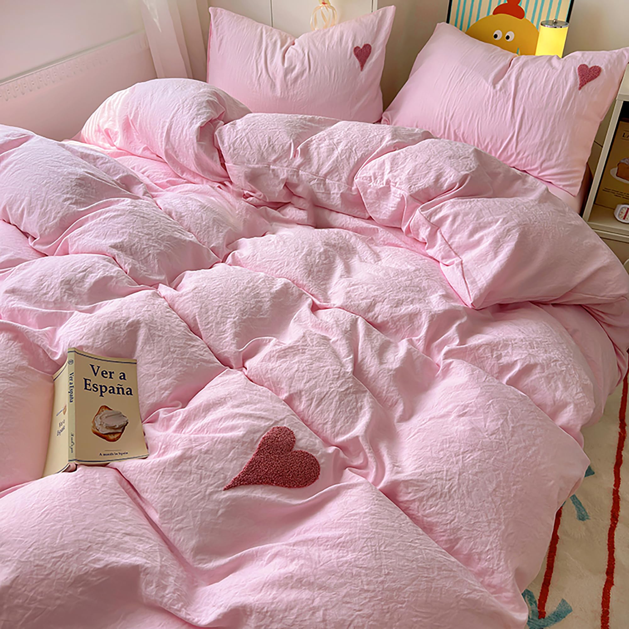 Soft Pink Heart Embroidery Washed Cotton Duvet Cover Set