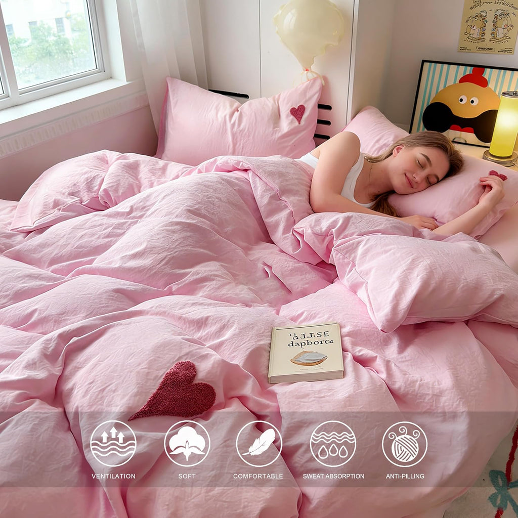 Soft Pink Heart Embroidery Washed Cotton Duvet Cover Set