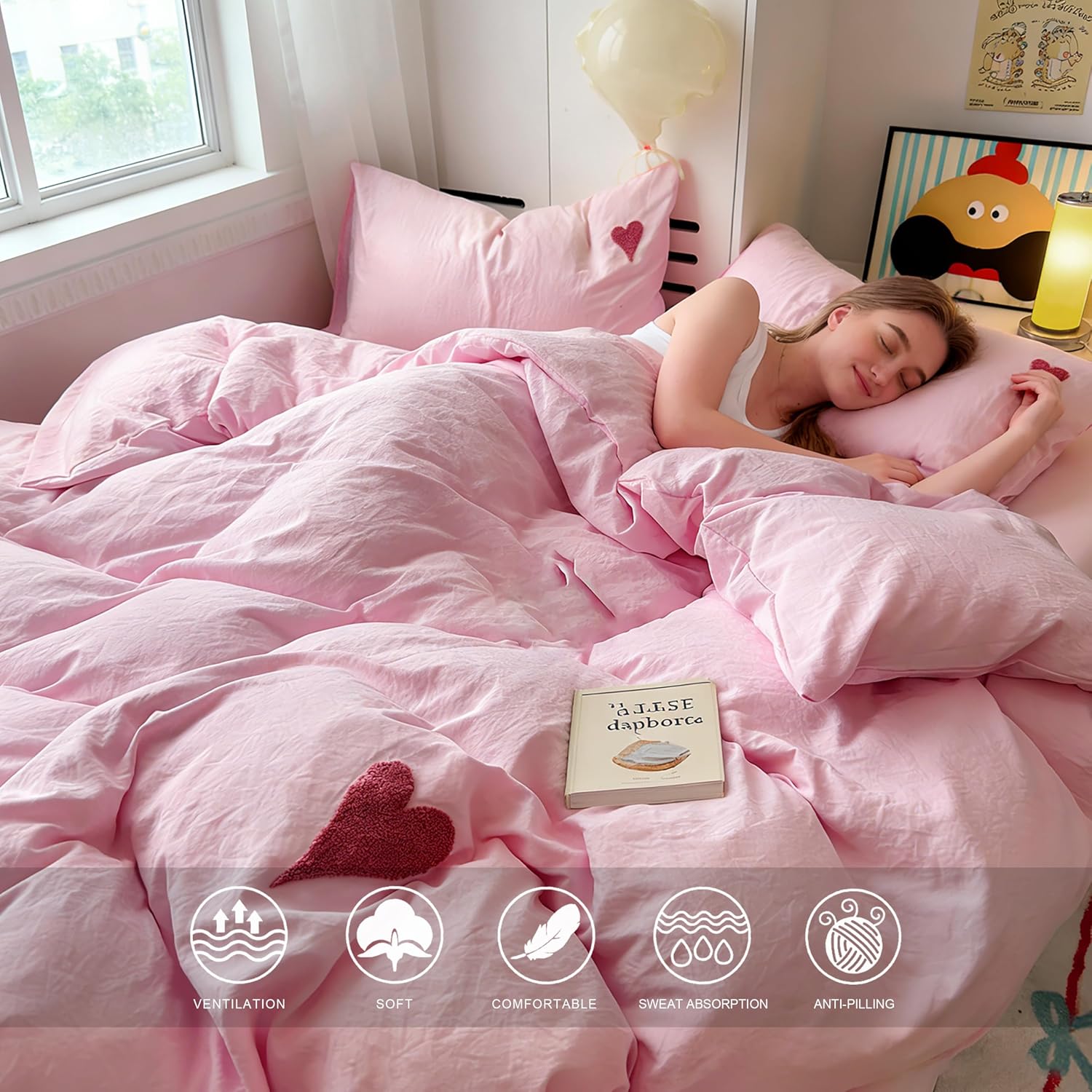 Soft Pink Heart Embroidery Washed Cotton Duvet Cover Set