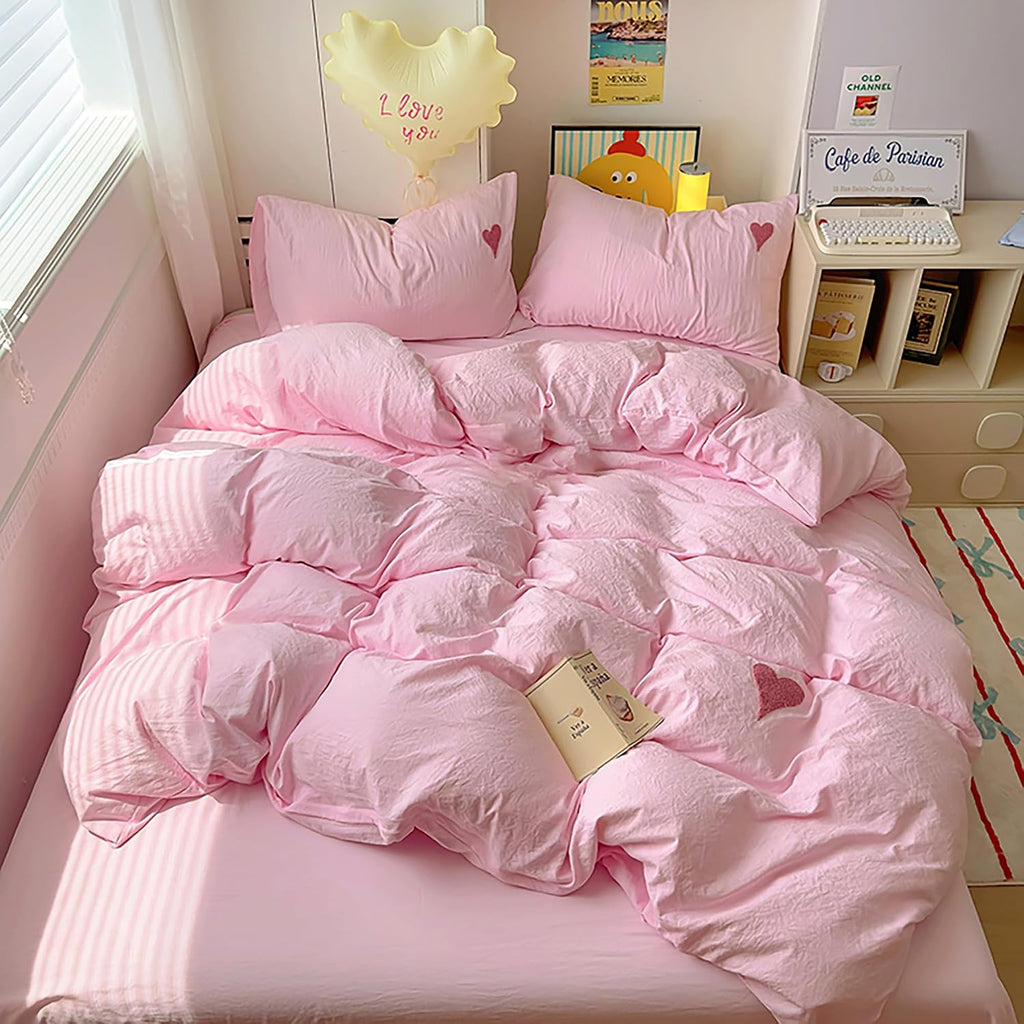 Soft Pink Heart Embroidery Washed Cotton Duvet Cover Set