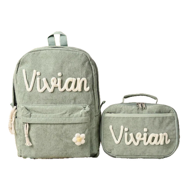 Custom Name School Bag: Personalized Corduroy Kids Backpack Set