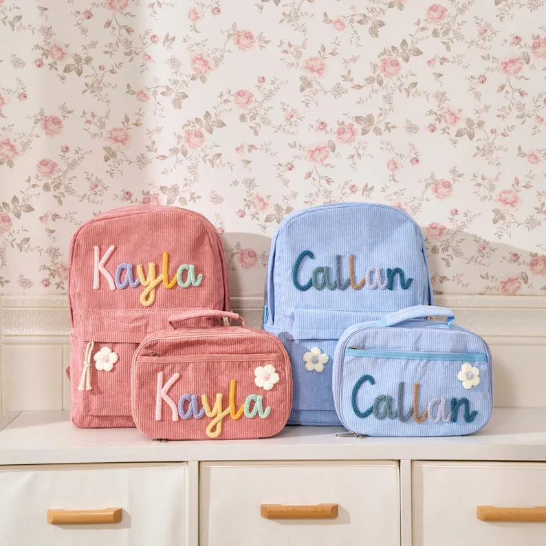 Custom Name School Bag: Personalized Corduroy Kids Backpack Set