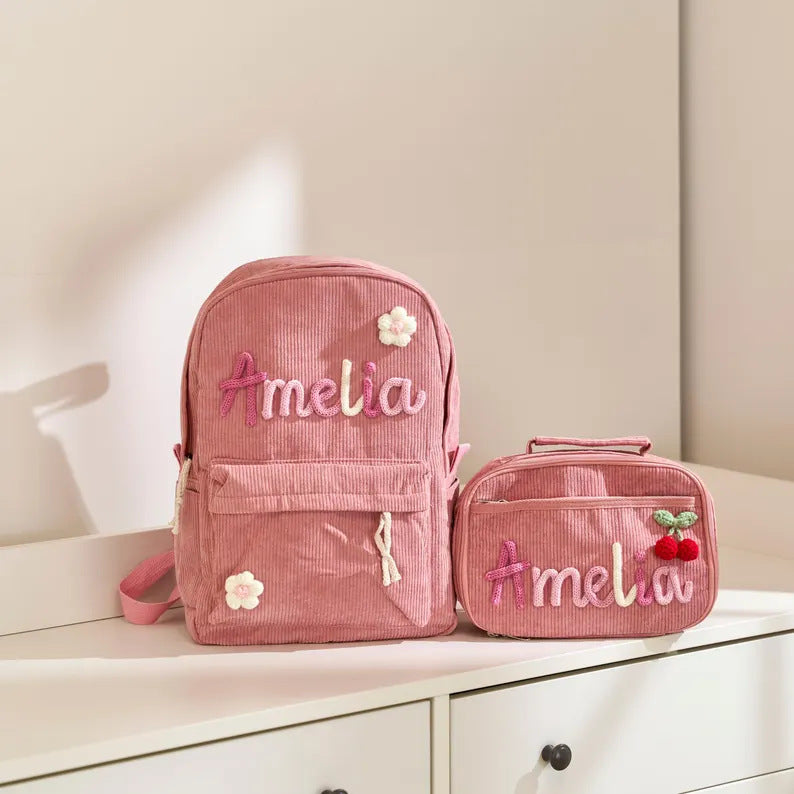 Custom Name School Bag: Personalized Corduroy Kids Backpack Set