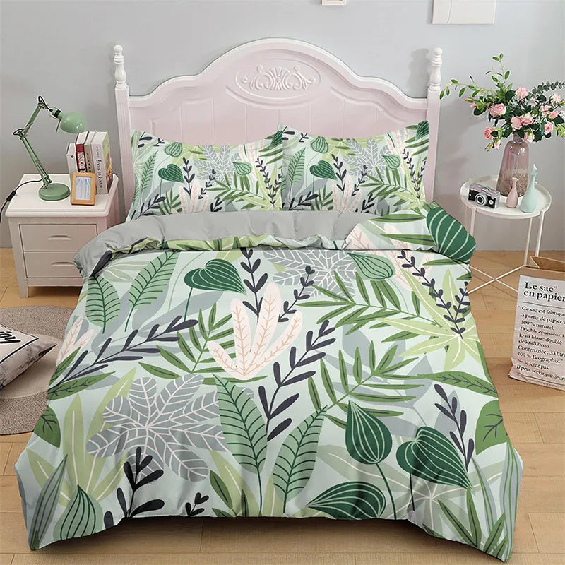Botanical Leaves Duvet Cover Floral Print King Bedding Set Soft Microfiber Geometric Pattern Comforter Cover With 2 Pillowcases