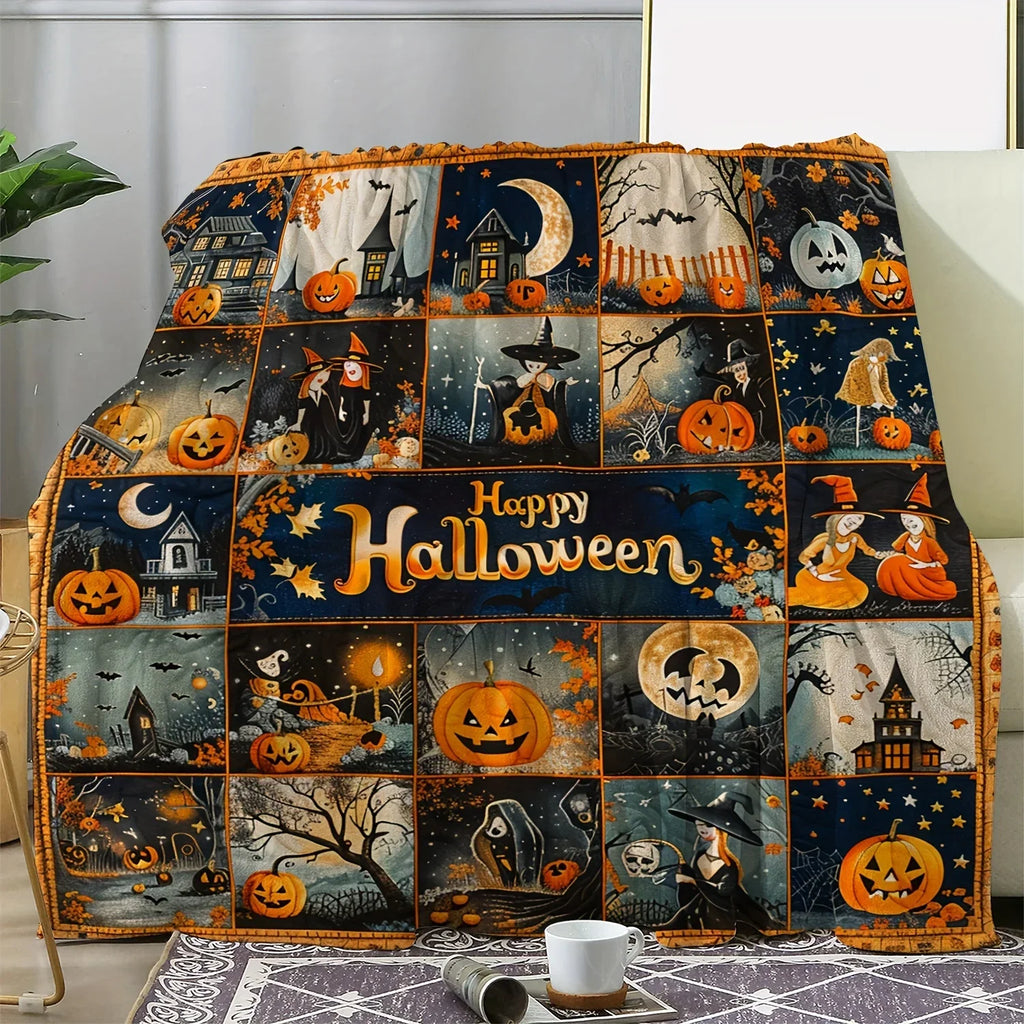 Vintage Halloween Pumpkin & Witch Flannel Throw Blanket