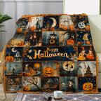 Vintage Halloween Pumpkin & Witch Flannel Throw Blanket