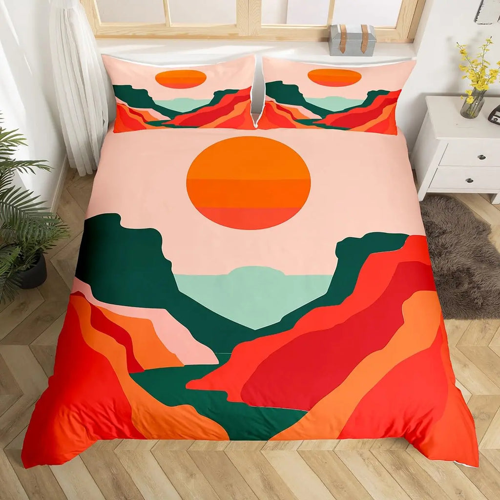 Medieval Boho Century Modern Duvet Cover Set Abstract Geometric Rainbow Sun Circles Comforter Cover Microfiber Soft Bedding Set