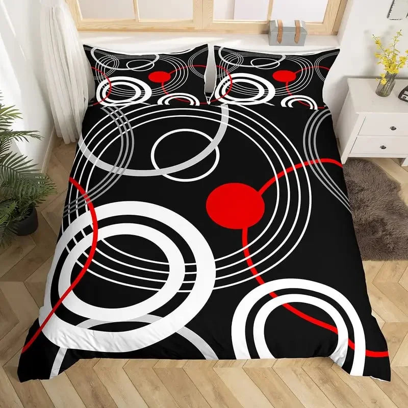 Geometric Circles Duvet Cover Red and Black Quilt Set Suitable for Children Kids Boys Girls Teenagers Abstract Art Bedding Set