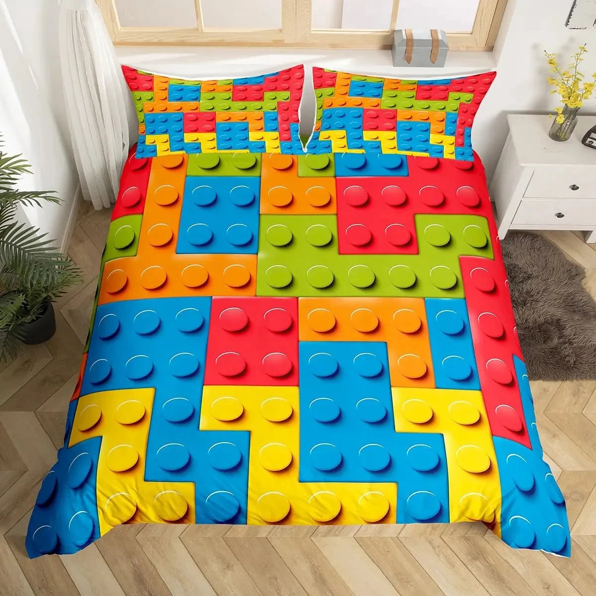 Construction Bedding Set Colorful Polyester Comforter Cover 3D Building Blocks Duvet Cover Kids Boys Rainbow Bricks Quilt Cover