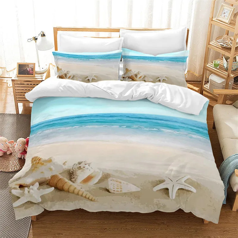 Beach Duvet Cover Set Polyester Tropical Island with The Palm Tree and Sea Beach Nature Theme Double Queen King Size Quilt Cover