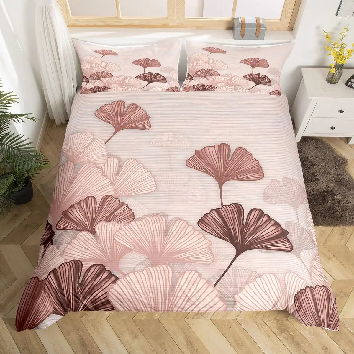 Ginkgo Leaf Duvet Cover Queen Natural Botanical Bedding Set Plants Rustic Farmhouse Comforter Cover Abstract Leaves Quilt Cover