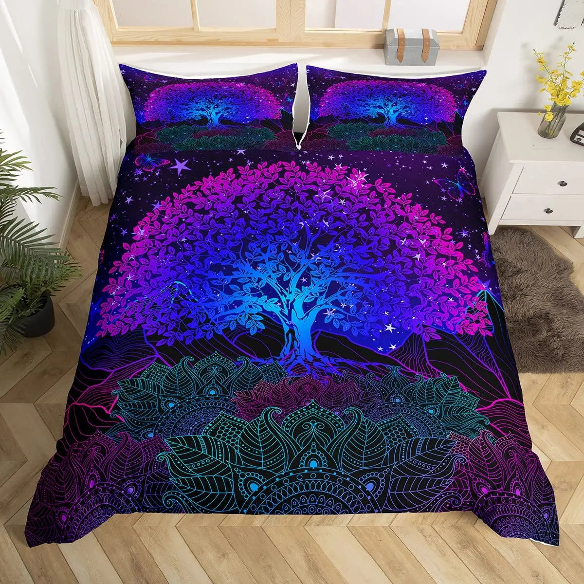 Sun and Moon Duvet Cover Black and White Bedding Soft Tree of Life All Galaxy Stars Mandala Tribal Quilt Cover Decor for Women