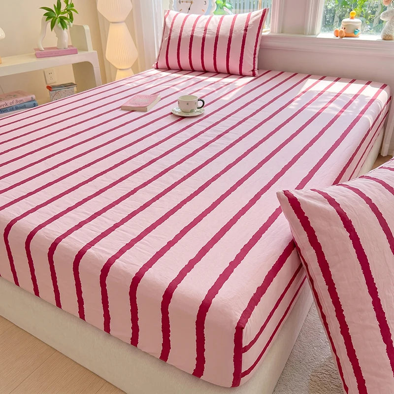 1pc Pink Blue Striped Fitted Sheet Deep Pocket Elastic Mattress Cover Single Double Queen King Bedroom Decor For Girls Boys