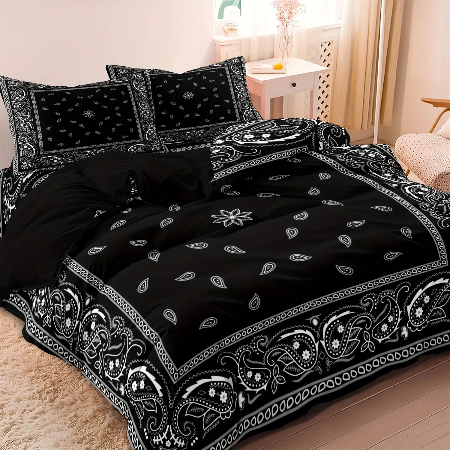 Black Paisley Mandala Boho Duvet Cover Set