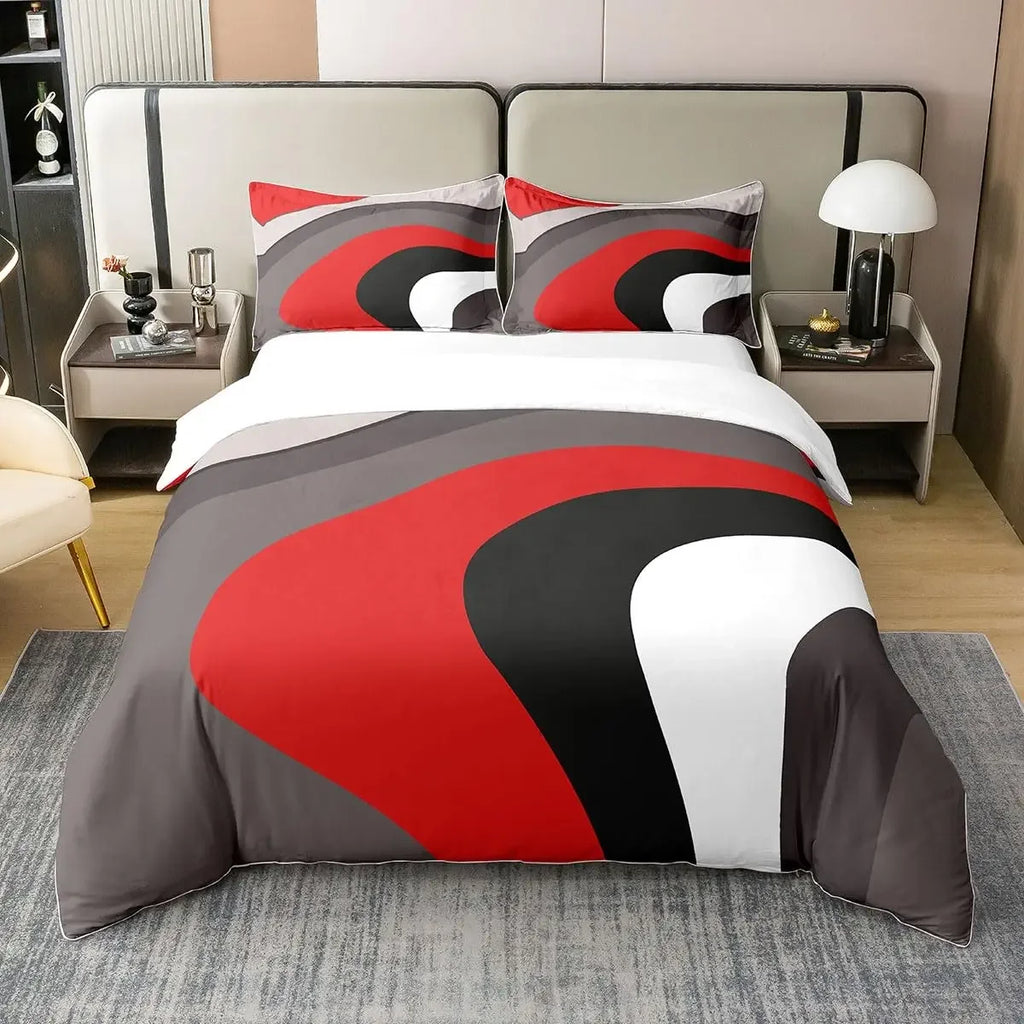 Geometric Circles Duvet Cover Red and Black Quilt Set Suitable for Children Kids Boys Girls Teenagers Abstract Art Bedding Set
