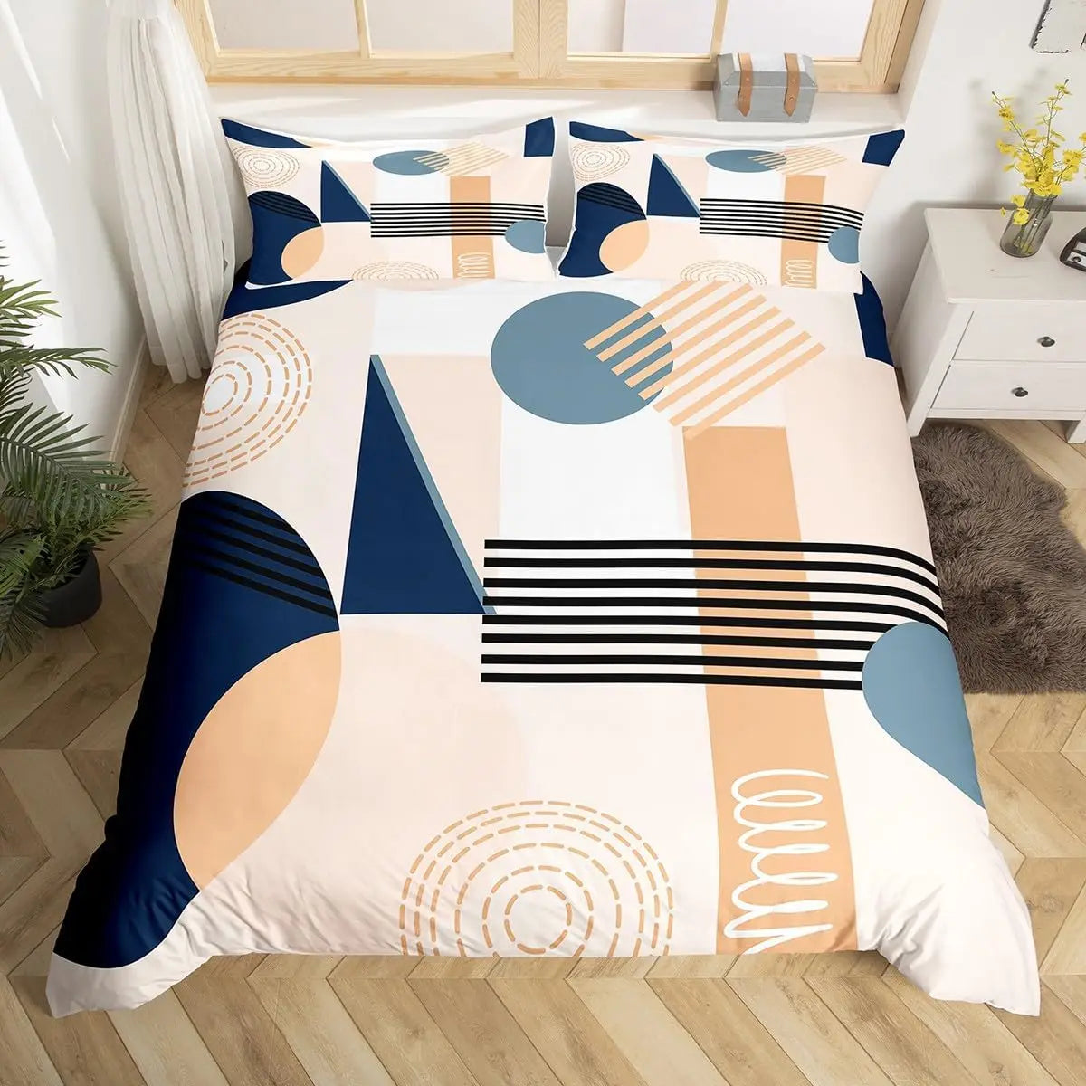 Medieval Boho Century Modern Duvet Cover Set Abstract Geometric Rainbow Sun Circles Comforter Cover Microfiber Soft Bedding Set