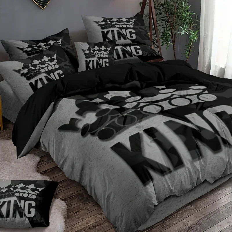 Grey & Black Pattern King Duvet Cover Set