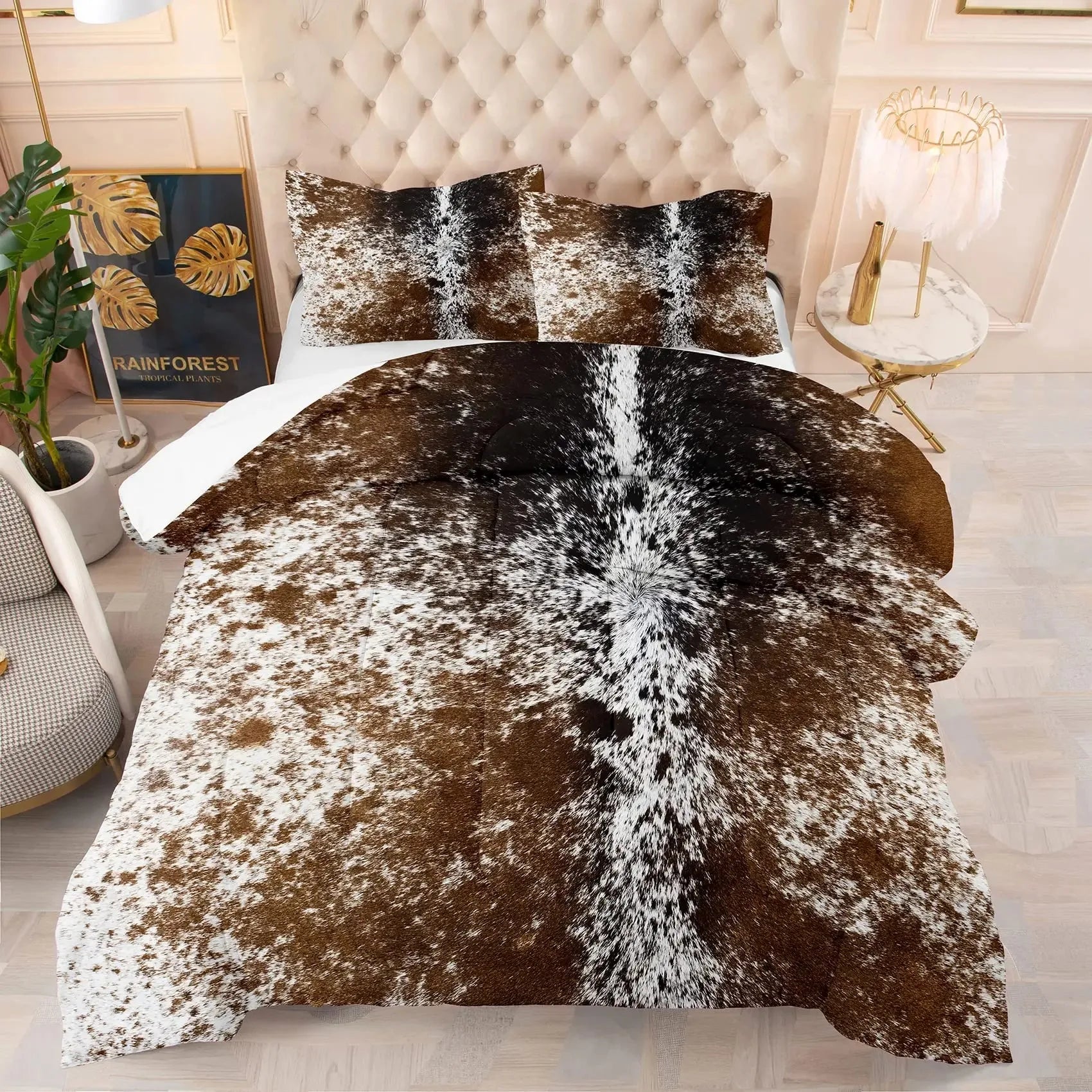 Brown Cow Print Comforter Set Queen King Size, Farmhouse Cow Print Bedding Set With 1/2 Matching Pillowcases Bedroom Decoration