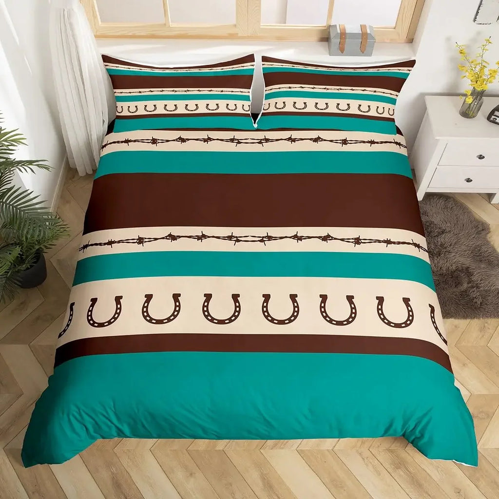 Rustic Farmhouse Bedding Set Western Horseshoe Duvet Cover For Boys Girls Teen Cowboys Cowgirls Quilt Cover With 2 Pillow Cases