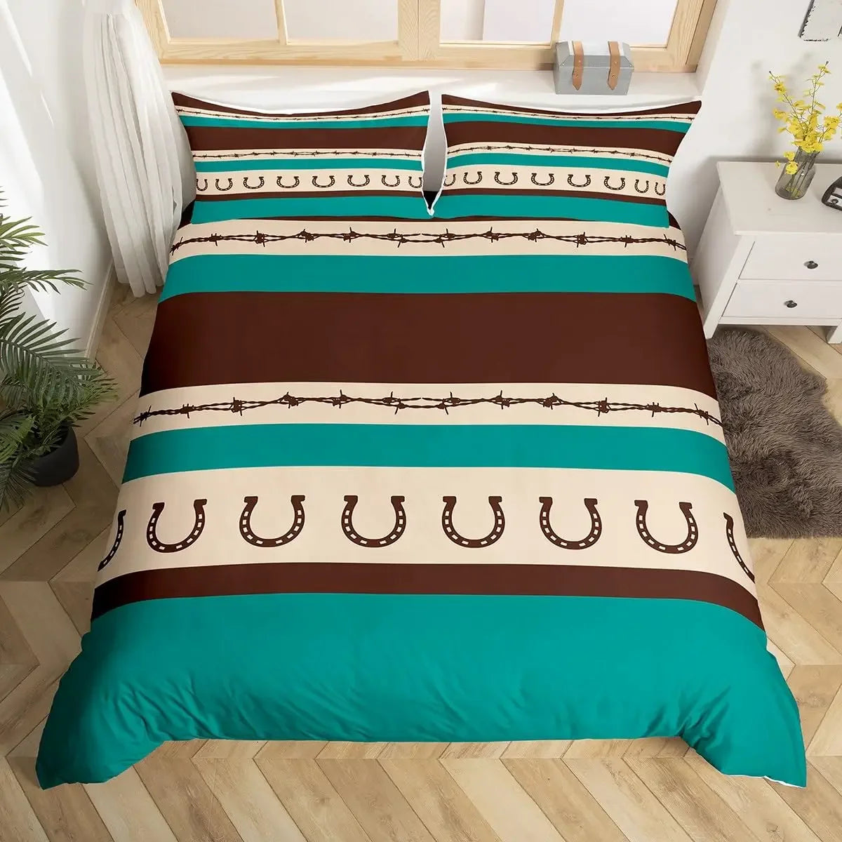 Rustic Farmhouse Bedding Set Western Horseshoe Duvet Cover For Boys Girls Teen Cowboys Cowgirls Quilt Cover With 2 Pillow Cases