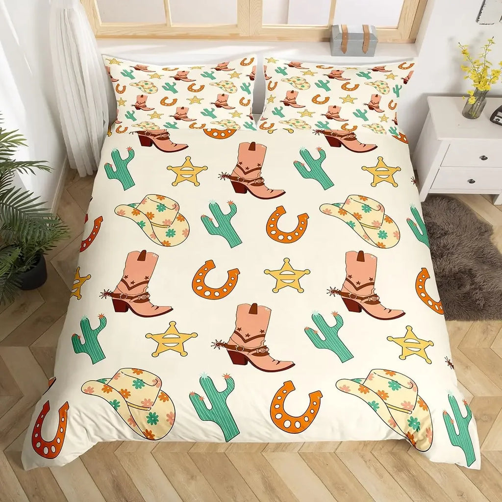 Rustic Farmhouse Bedding Set Western Horseshoe Duvet Cover For Boys Girls Teen Cowboys Cowgirls Quilt Cover With 2 Pillow Cases