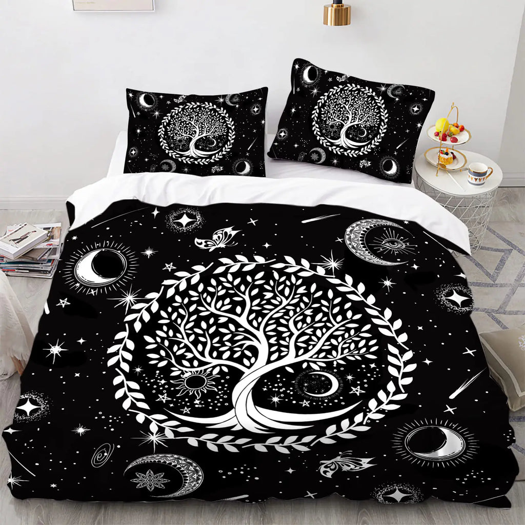 Sun and Moon Duvet Cover Black and White Bedding Soft Tree of Life All Galaxy Stars Mandala Tribal Quilt Cover Decor for Women