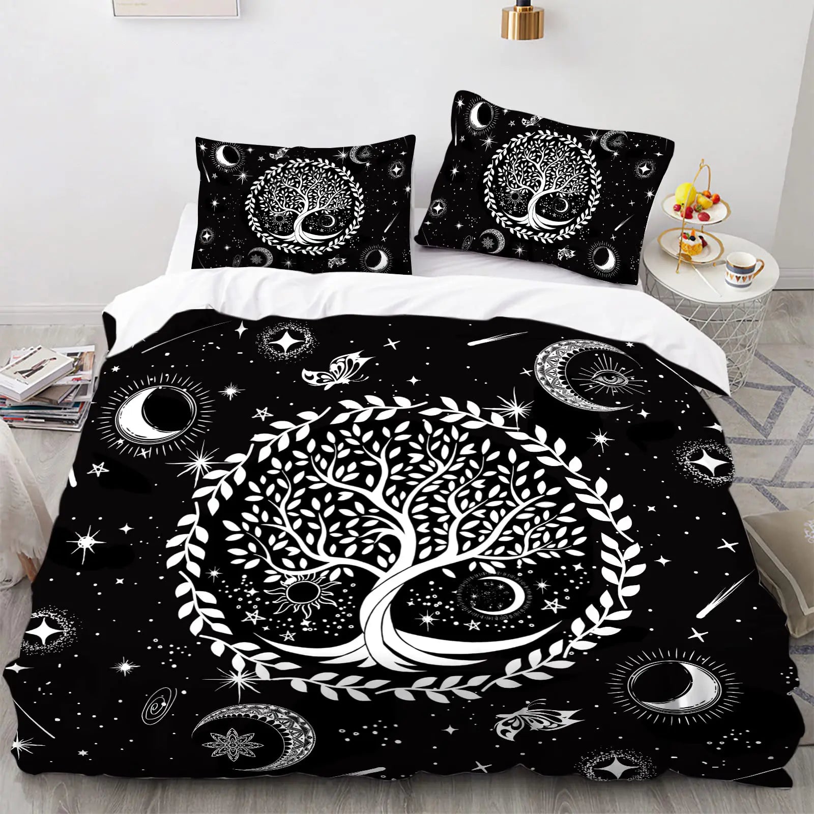 Sun and Moon Duvet Cover Black and White Bedding Soft Tree of Life All Galaxy Stars Mandala Tribal Quilt Cover Decor for Women