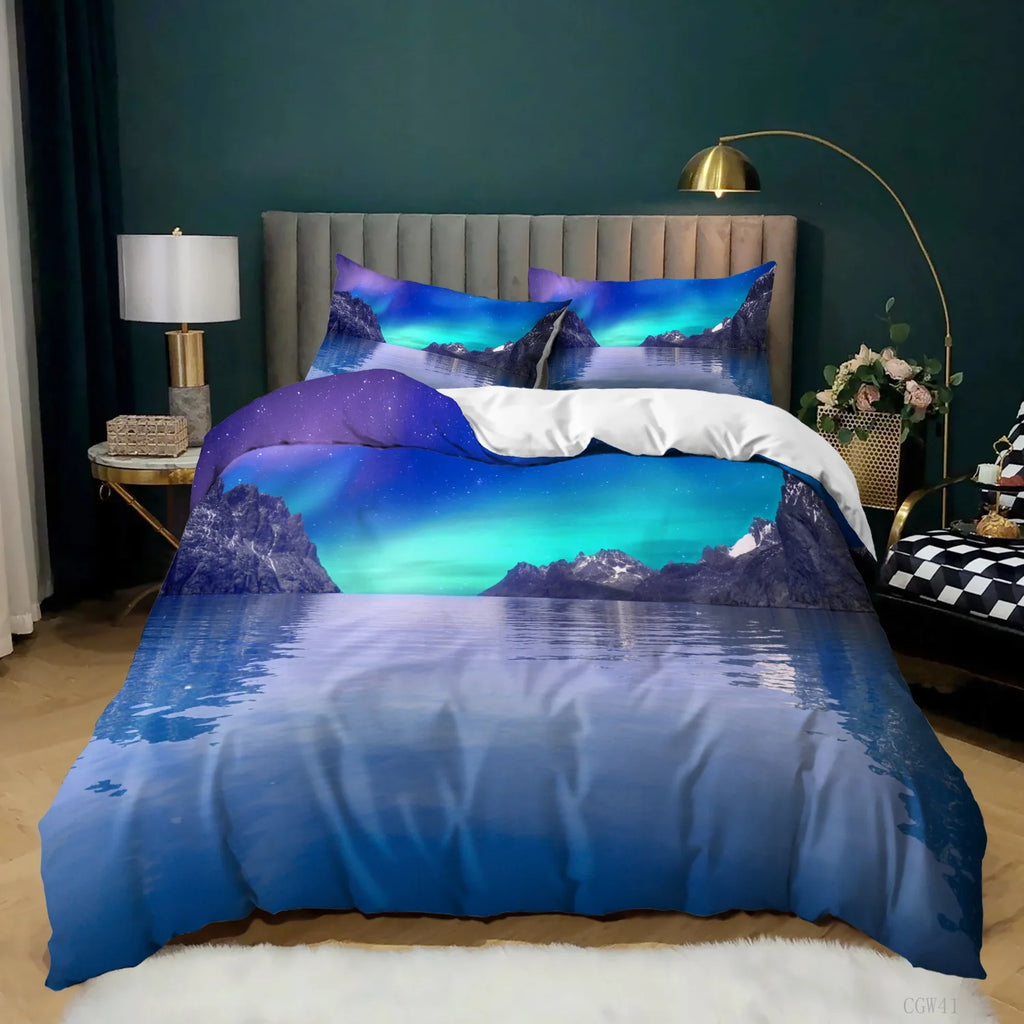 Aurora Borealis Polyester Duvet Cover Set Tree Under Magnetic Field Of Nature With Northern Lights Landscape Picture King Size