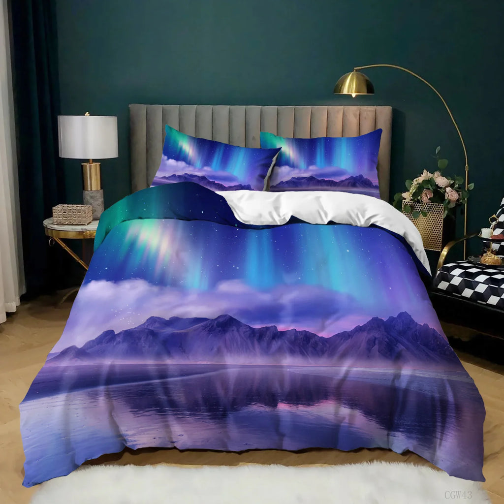 Aurora Borealis Polyester Duvet Cover Set Tree Under Magnetic Field Of Nature With Northern Lights Landscape Picture King Size