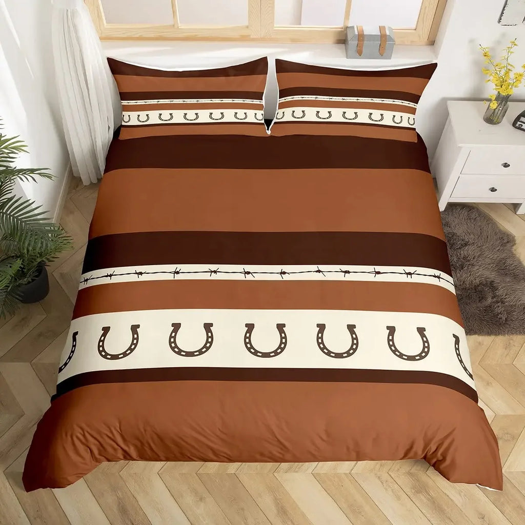 Rustic Farmhouse Bedding Set Western Horseshoe Duvet Cover For Boys Girls Teen Cowboys Cowgirls Quilt Cover With 2 Pillow Cases