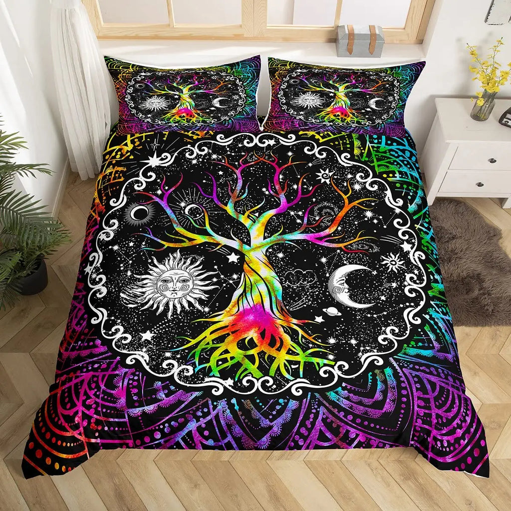 Sun and Moon Duvet Cover Black and White Bedding Soft Tree of Life All Galaxy Stars Mandala Tribal Quilt Cover Decor for Women