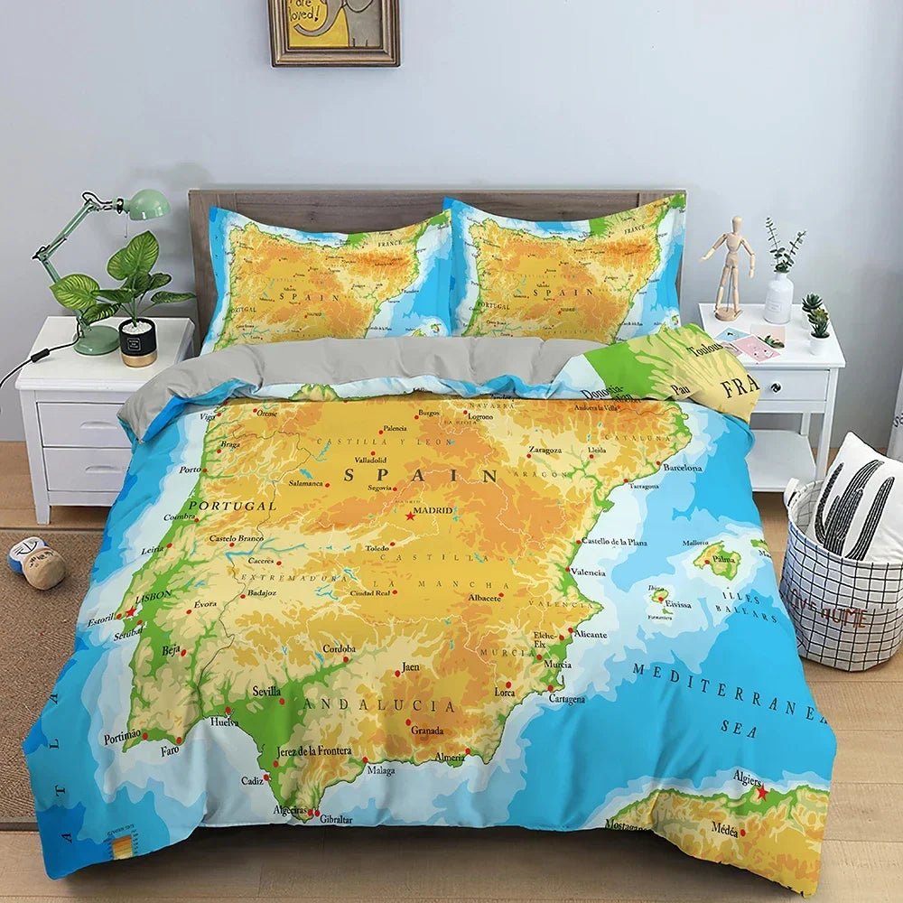 Map Pattern Bedding Set Luxury Cozy Duvet Cover Set For Bedroom Decor King Queen Full Quilt Cover Pillowcase Bedclothes 2/3Pcs