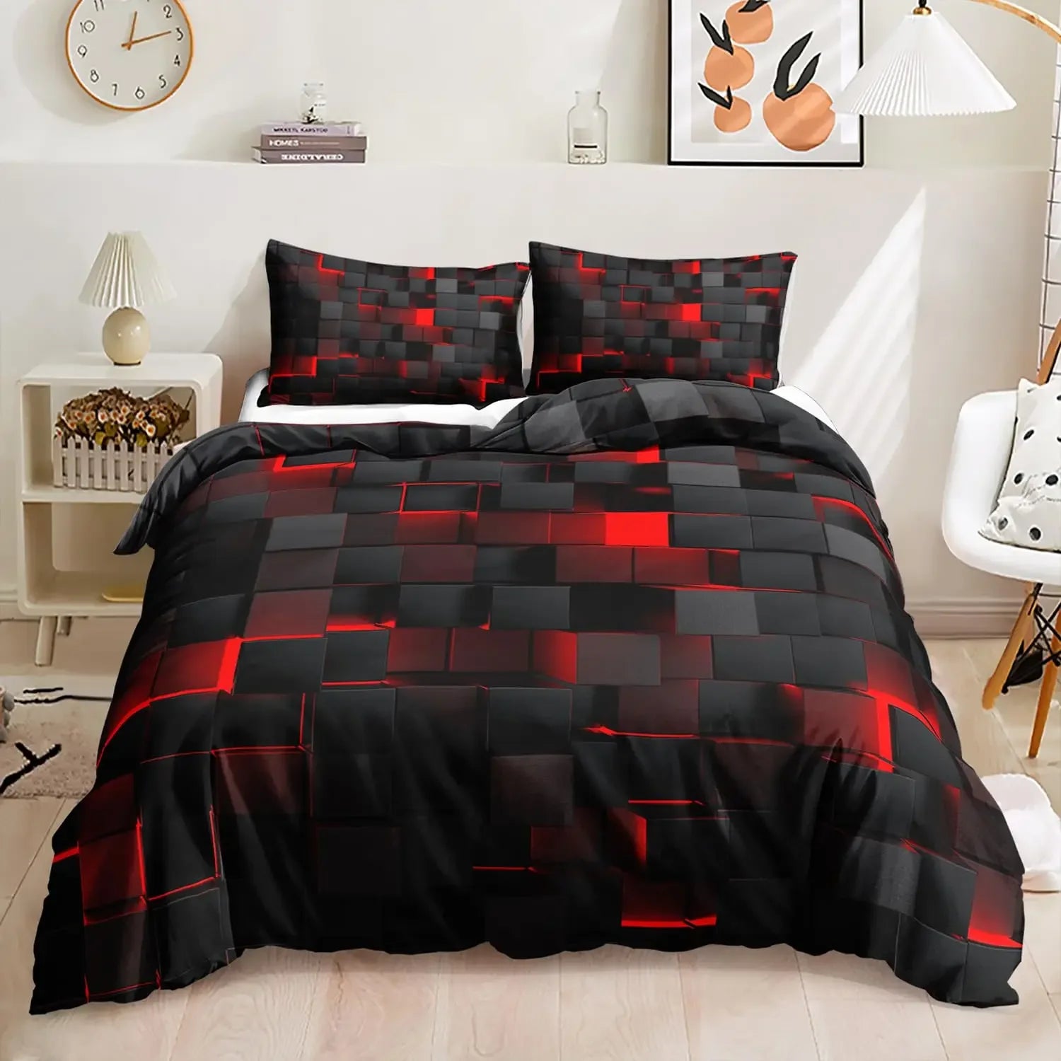 Geometric Circles Duvet Cover Red and Black Quilt Set Suitable for Children Kids Boys Girls Teenagers Abstract Art Bedding Set