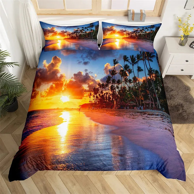 Beach Duvet Cover Set Polyester Tropical Island with The Palm Tree and Sea Beach Nature Theme Double Queen King Size Quilt Cover