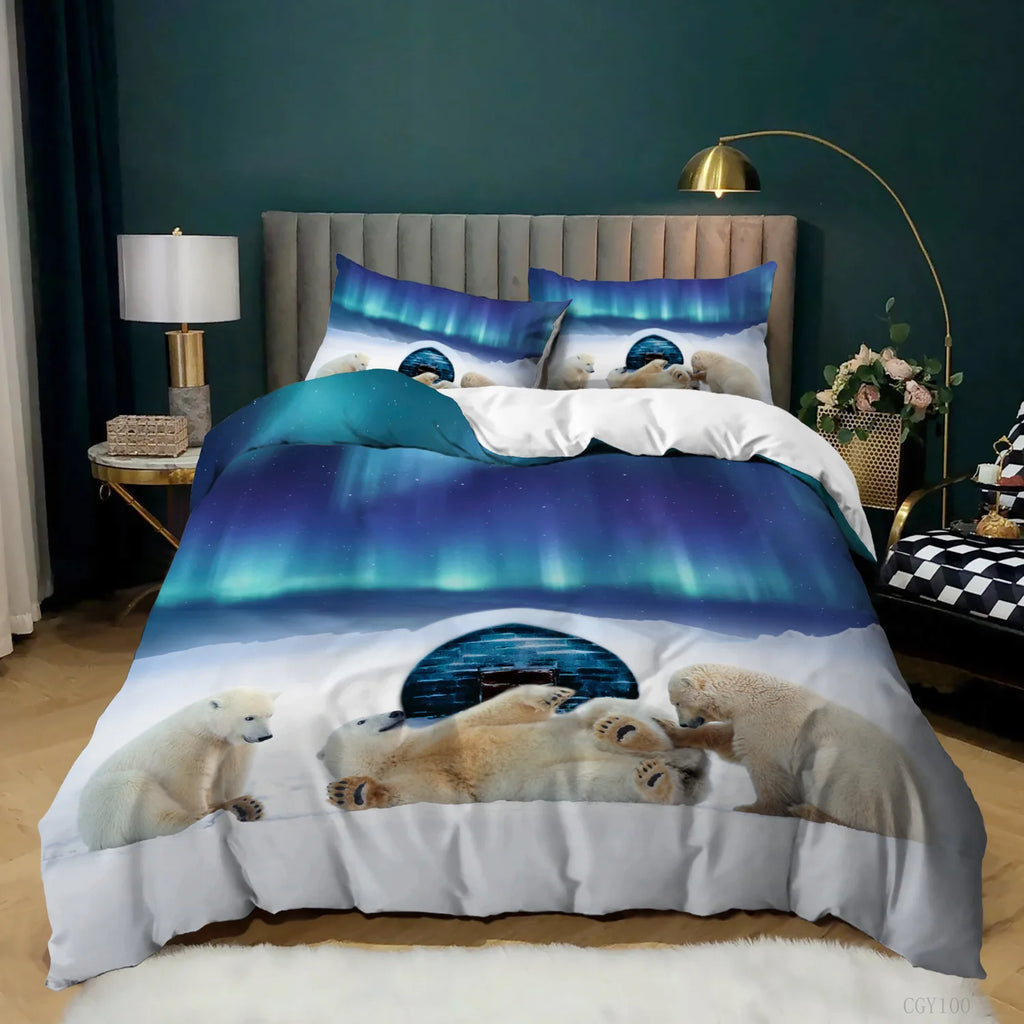 Aurora Borealis Polyester Duvet Cover Set Tree Under Magnetic Field Of Nature With Northern Lights Landscape Picture King Size