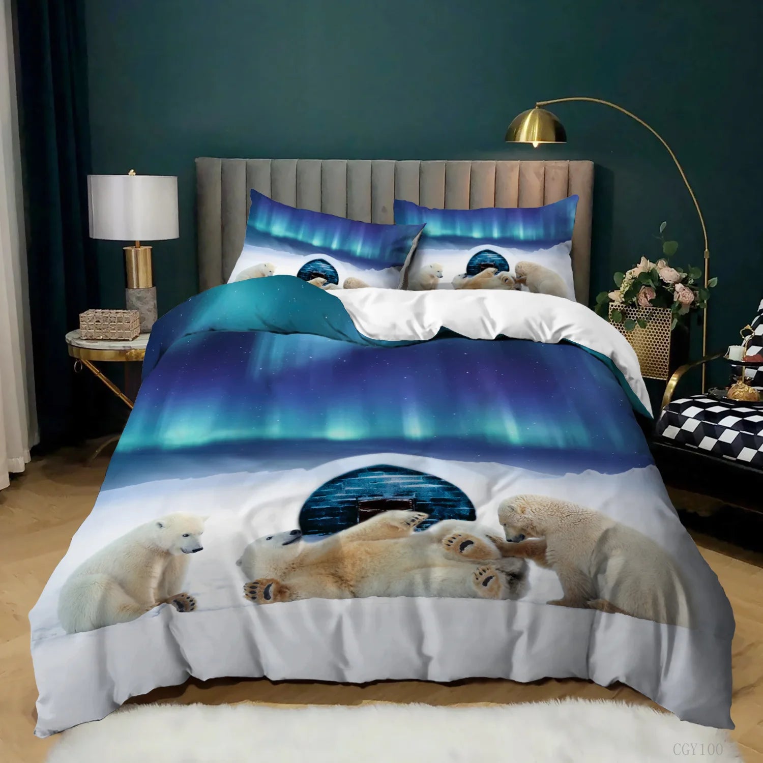 Aurora Borealis Polyester Duvet Cover Set Tree Under Magnetic Field Of Nature With Northern Lights Landscape Picture King Size