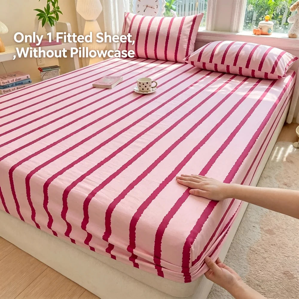1pc Pink Blue Striped Fitted Sheet Deep Pocket Elastic Mattress Cover Single Double Queen King Bedroom Decor For Girls Boys